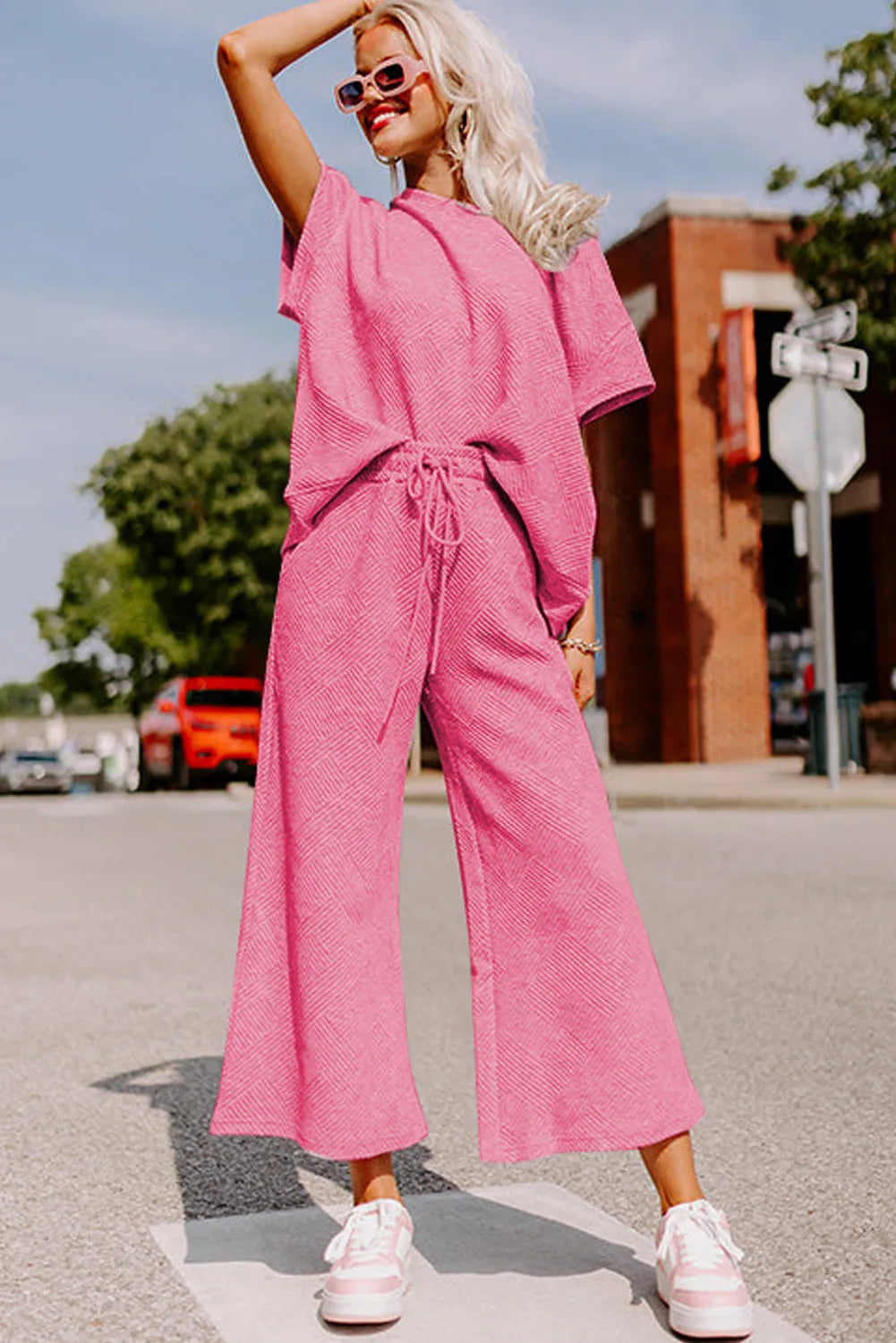 Two Piece Sets/Pant Sets Strawberry Pink Textured Loose Fit T Shirt and Drawstring Pants Set