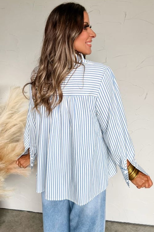 Sky Blue Stripe Shirred Detail Half Placket Collared Long Sleeve Fall Shirt