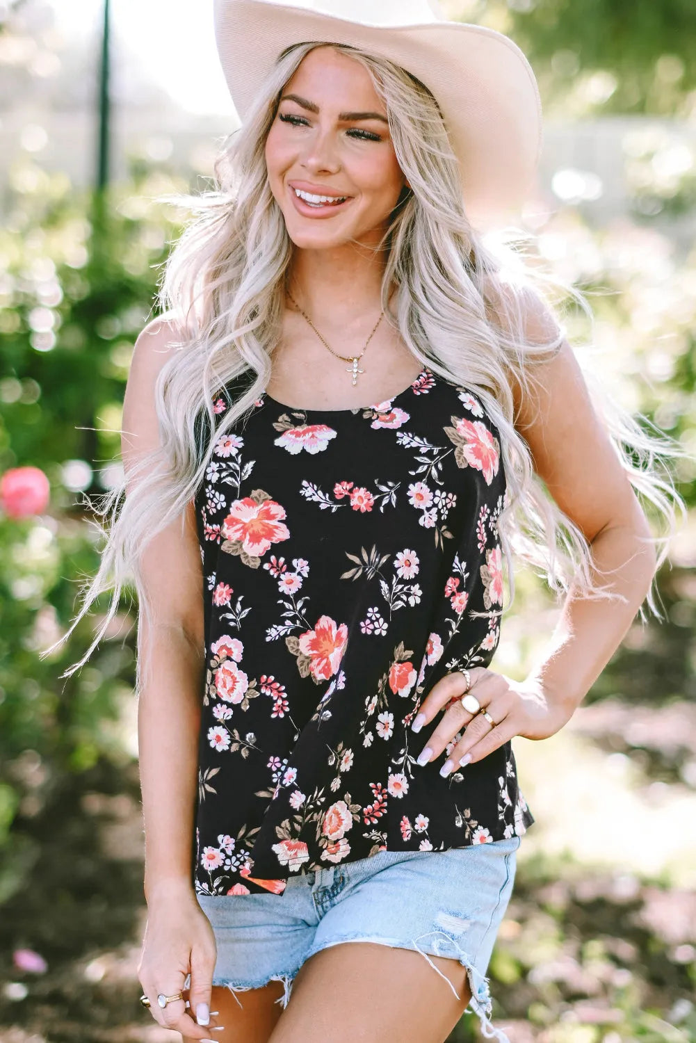 Black Floral Spaghetti Straps Strappy Back Tank Top - Chic Meadow Boutique 