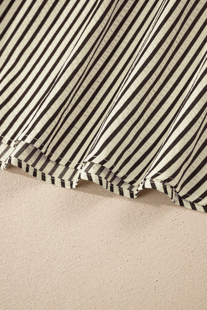 Black Stripe V Neck Zip Front Cinched High Waist Midi Dress