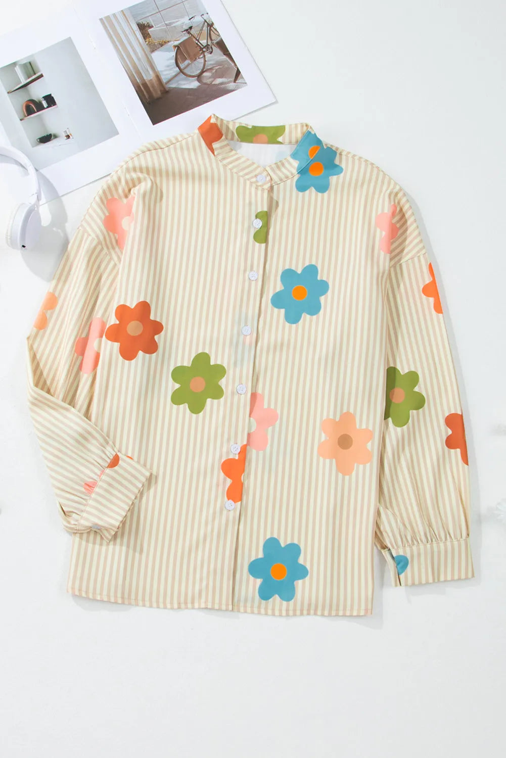 Apricot Stripe Flower Print Collared Button-up Loose Fit Shirt - Chic Meadow Boutique 