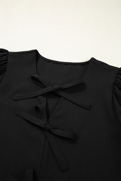 Black Puff Sleeve Bowknot Front Peplum Blouse