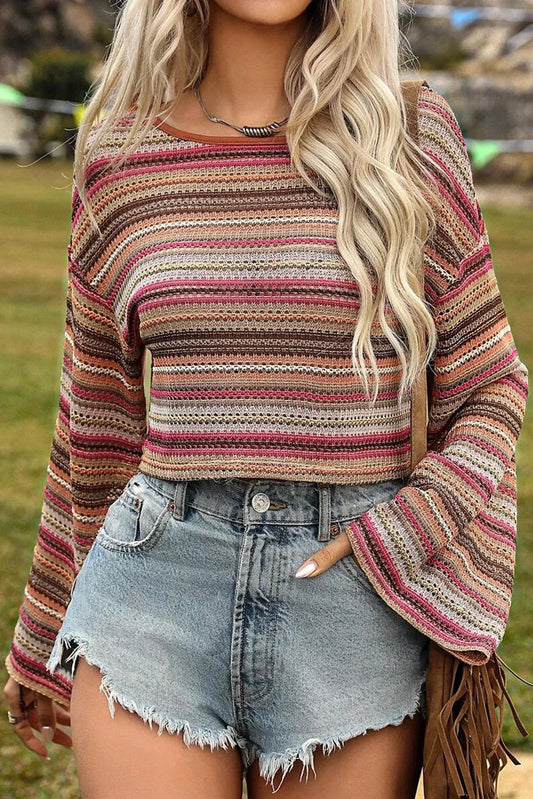 Rose Red Ethnic Striped Wide Cropped Long Sleeve Top - Chic Meadow Boutique 