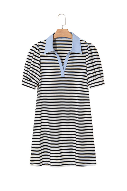 Black Stripe Contrast V Neck Collared Puff Sleeve T Shirt Mini Dress with Pockets