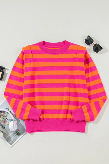 Rose Stripe Shoulder Pad Round Neck Sweater - Chic Meadow Boutique 