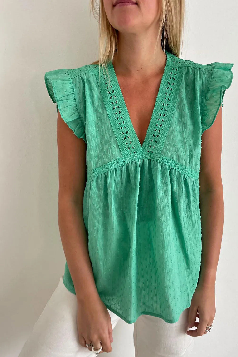 Green Eyelet V Neckline Ruffle Swiss Dot Top - Chic Meadow Boutique 