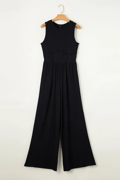 Black Cinched Waist Sleeveless Wide Leg Jumpsuit - Chic Meadow Boutique 