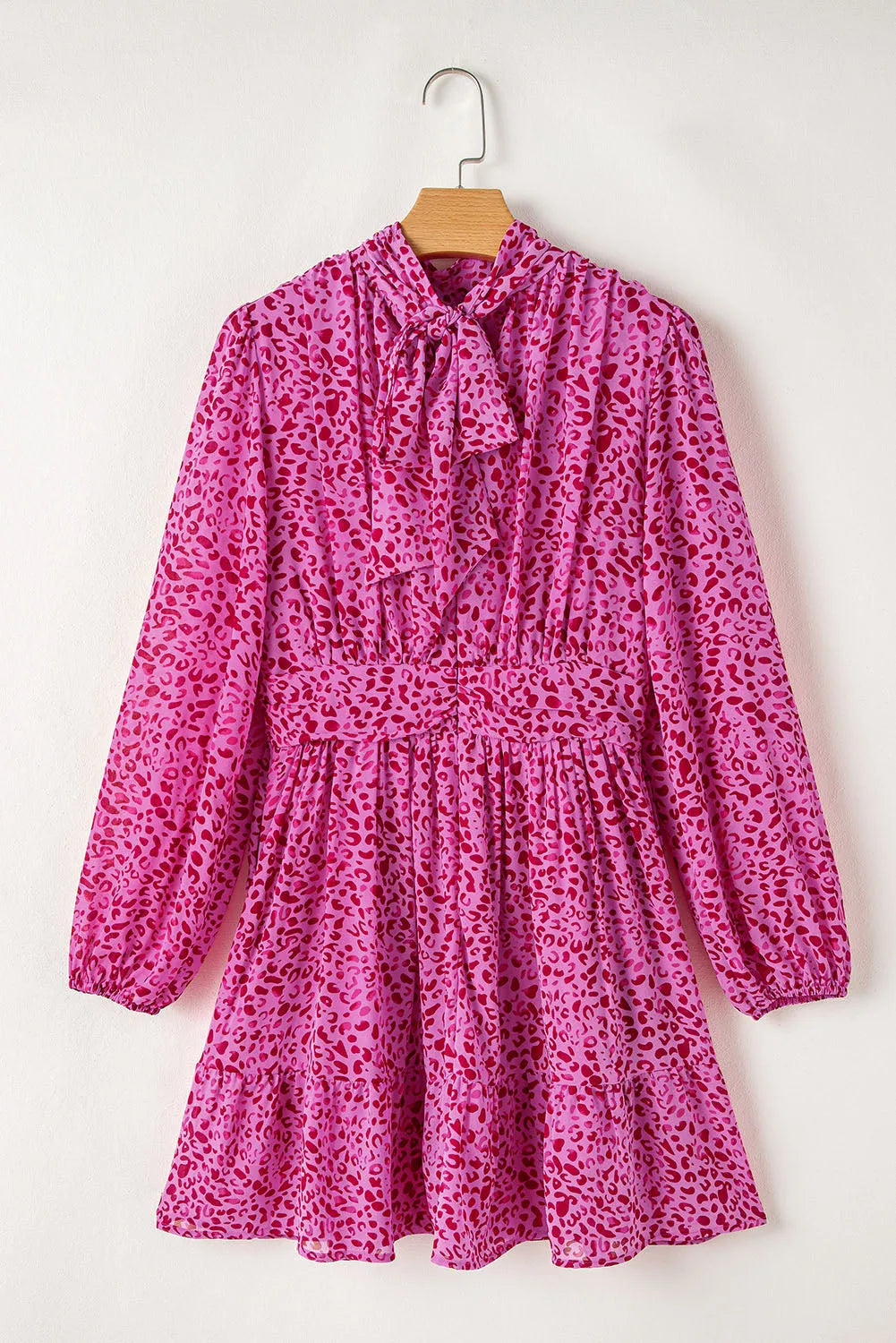 Rose Leopard Puff Sleeve Knotted High Neck Ruffle Dress - Chic Meadow Boutique 