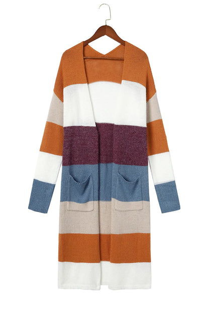 Multicolor Colorblock Open Front Long Knit Cardigan - Chic Meadow Boutique 