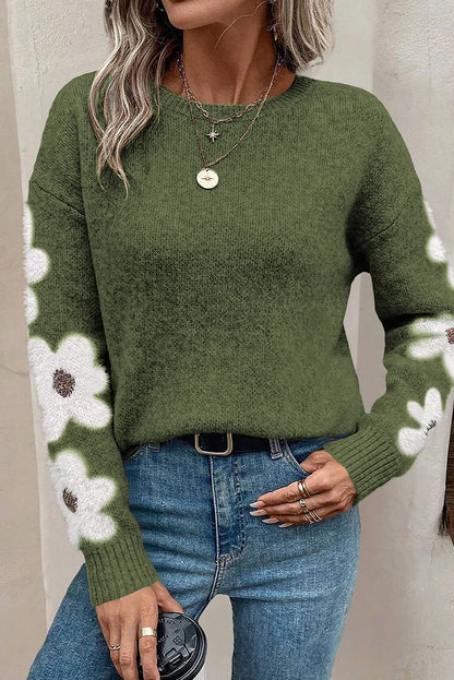 Moss Green Flower Sleeve Drop Shoulder Sweater - Chic Meadow Boutique 