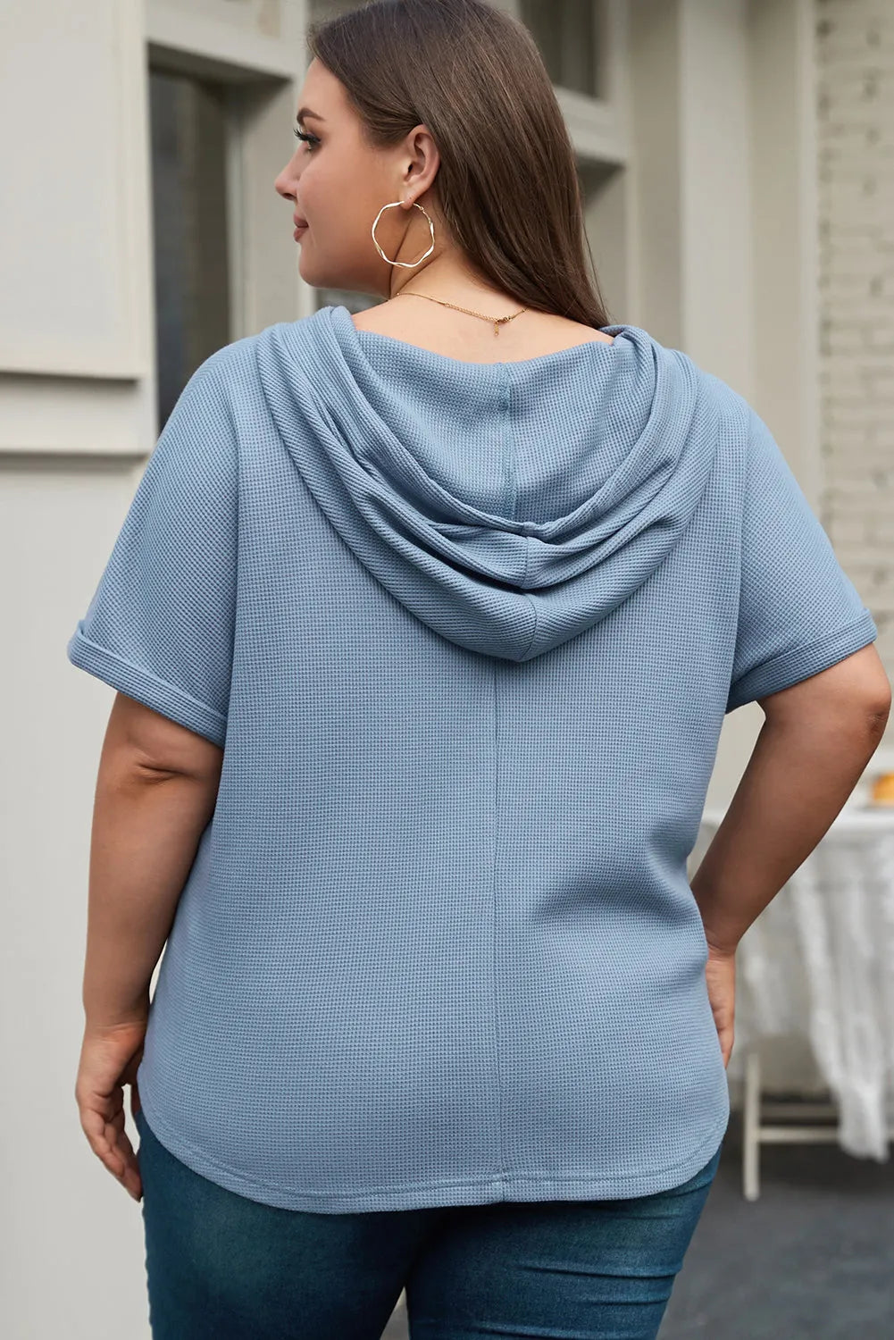 Ashleigh Blue Plus Size Waffle Knit Short Sleeve Drawstring Hoodie - Chic Meadow Boutique 