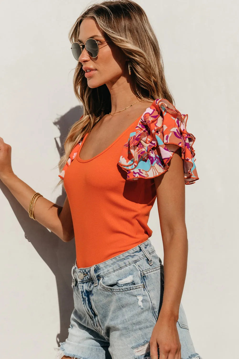 Orange Ribbed Knit Tiered Ruffled Sleeve Bodysuit - Chic Meadow Boutique 