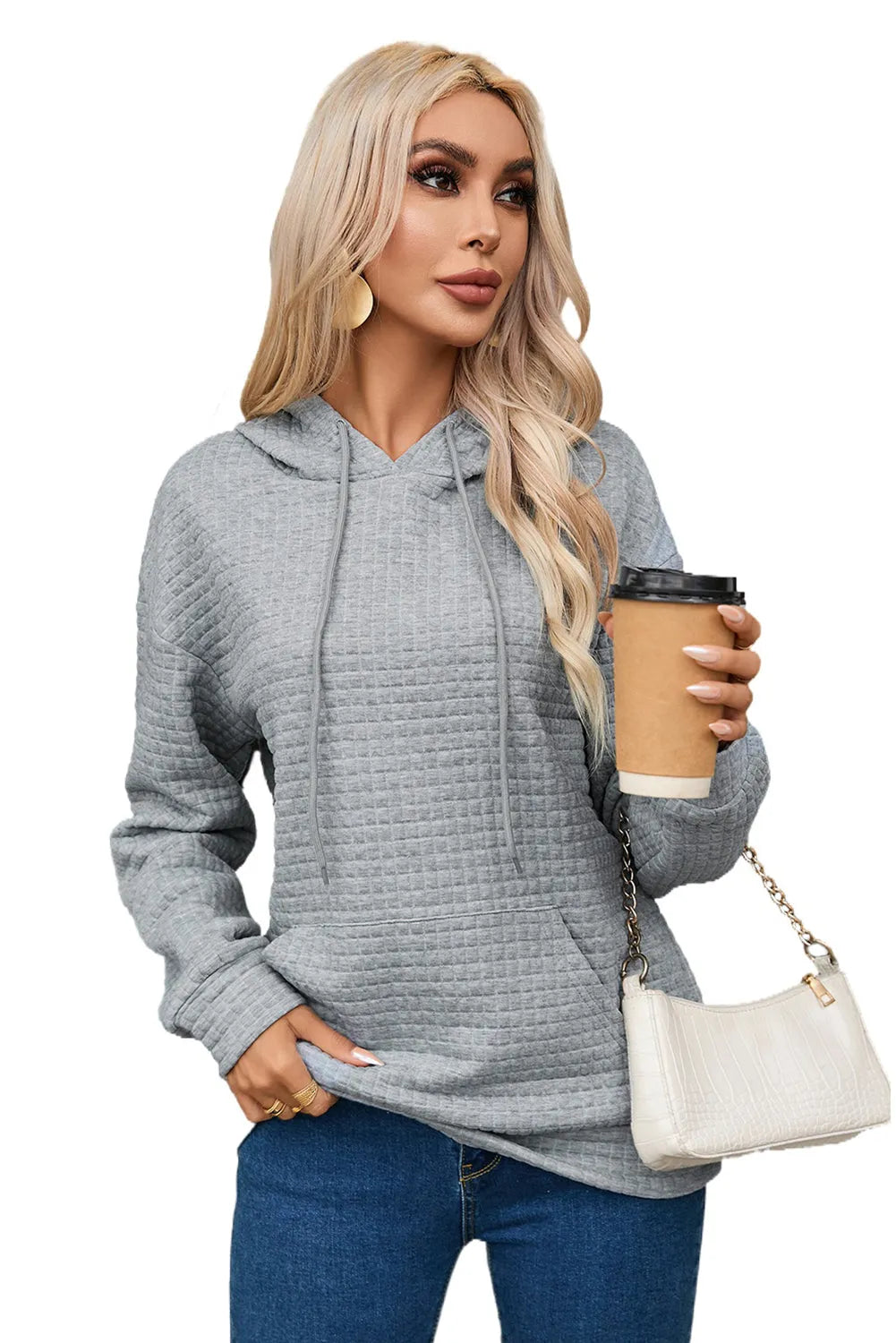 Gray Quilted Kangaroo Pocket Drawstring Hoodie - Chic Meadow Boutique 