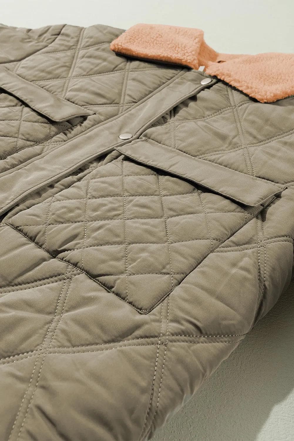 Outerwear/Jackets Jungle Green Teddy Collar Flap Pockets Quilted Puffer Jacket