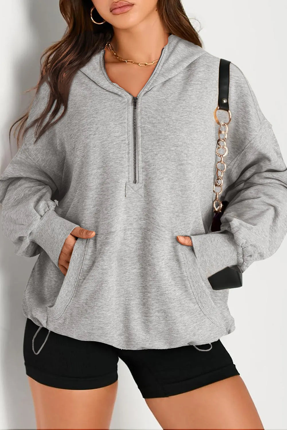 Light Grey Solid Kangaroo Pocket Half Zipper Oversized Hoodie - Chic Meadow Boutique 