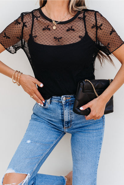 Black Bow Knot Dotted See-through Mesh Patched Slim Fit Blouse