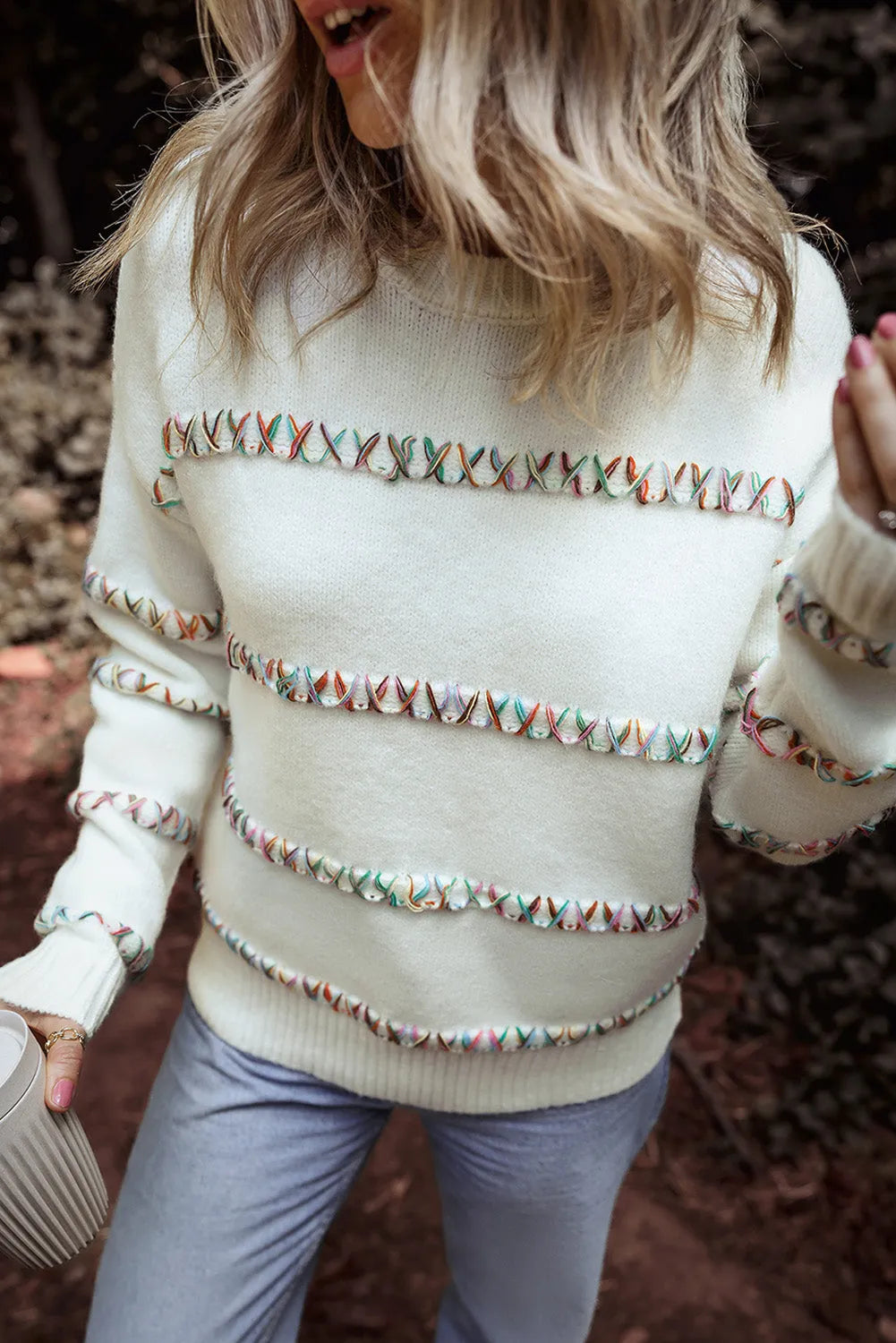 White Colorful Crossed Stitch Drop Shoulder Sweater - Chic Meadow Boutique 