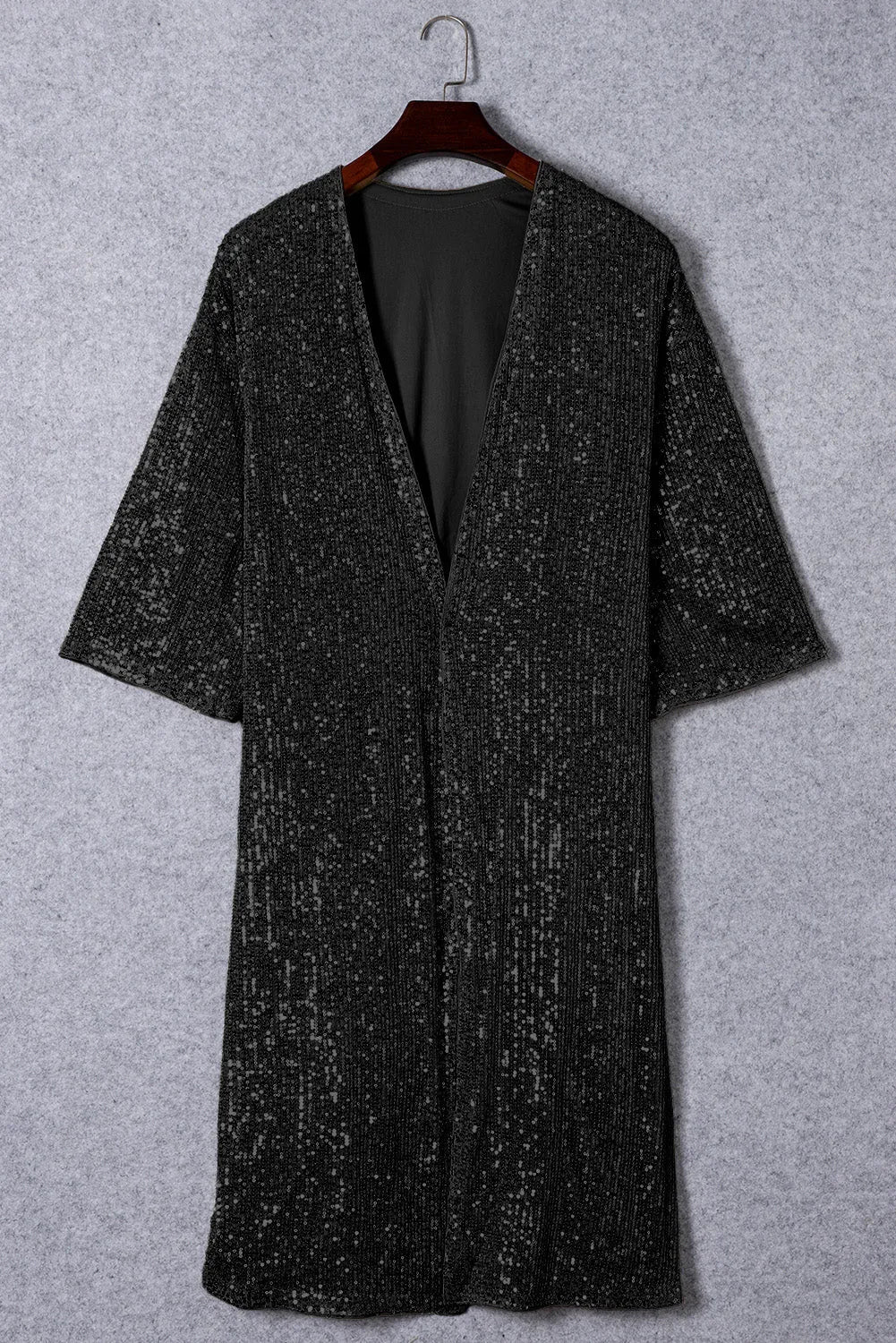 Black Sequin 3/4 Sleeve Open Front Duster Kimono - Chic Meadow Boutique 