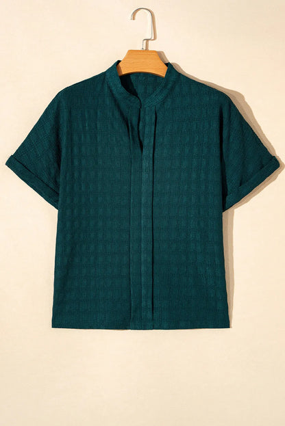 Sea Green Solid Textured Split Neck Short Sleeve Blouse - Chic Meadow Boutique 