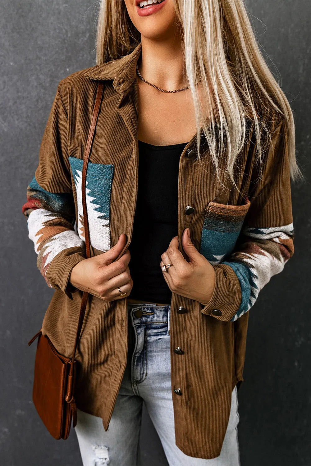 Khaki Aztec Pattern Corduroy Shacket - Chic Meadow Boutique 