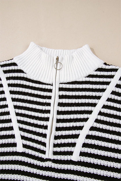 Black Stripe Zip up Collar Drop Shoulder Sweater - Chic Meadow Boutique 