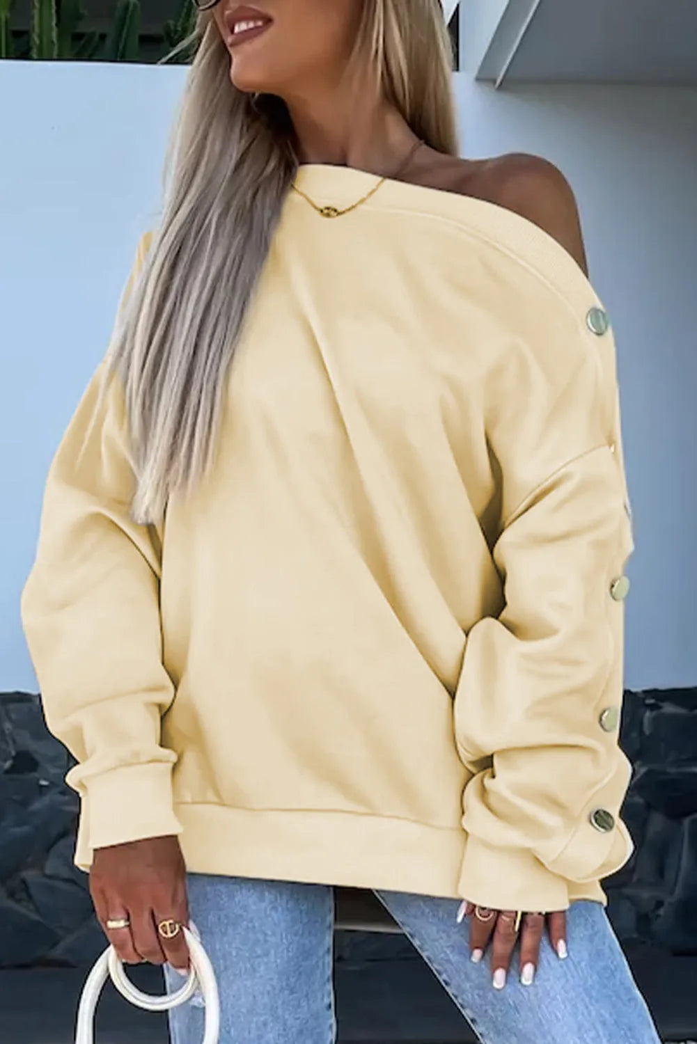 Beige Buttoned Sleeve Dropped Shoulder Sweatshirt - Chic Meadow Boutique 