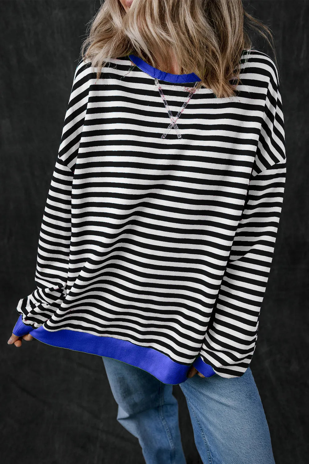 Black Stripe Oversized Contrast Trim Pullover Sweatshirt - Chic Meadow Boutique 