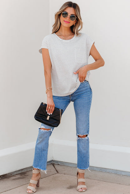 White Stripe Cap Sleeve Crew Neck Casual Tee with Chest Pocket