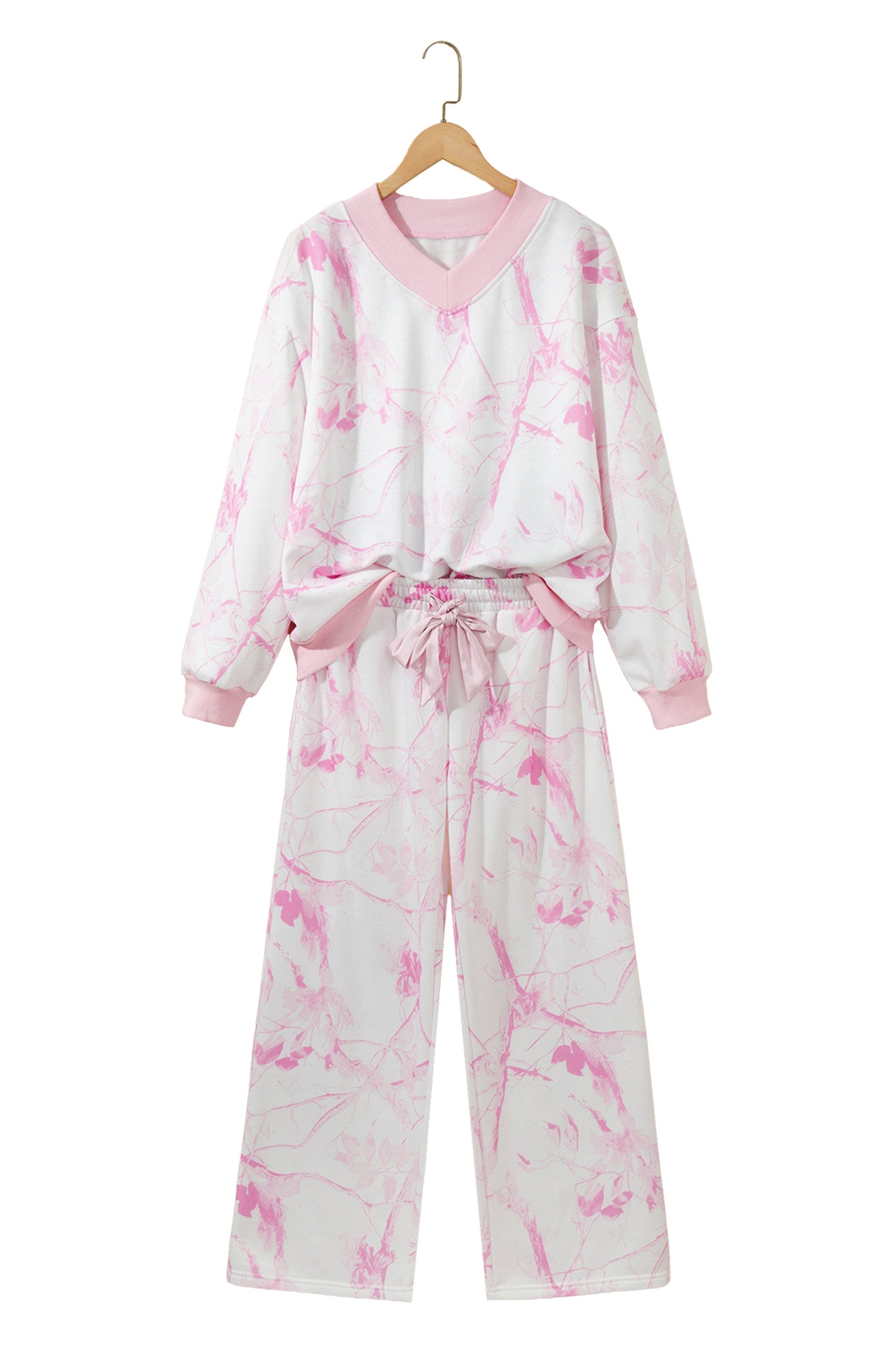 Pink Abstract Plant Print Long Sleeve V Neck Pant Set