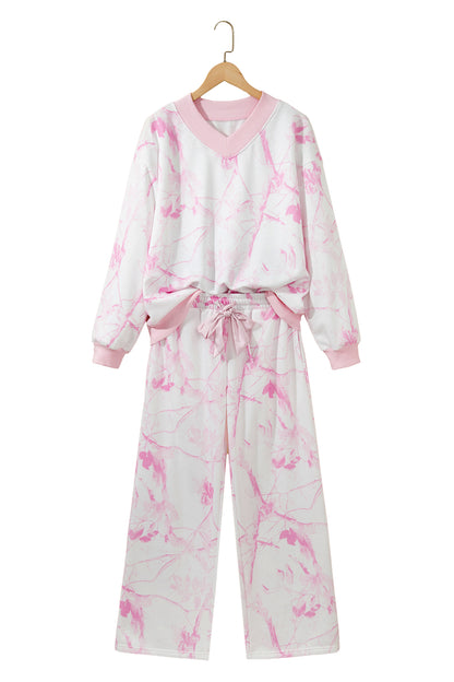 Pink Abstract Plant Print Long Sleeve V Neck Pant Set