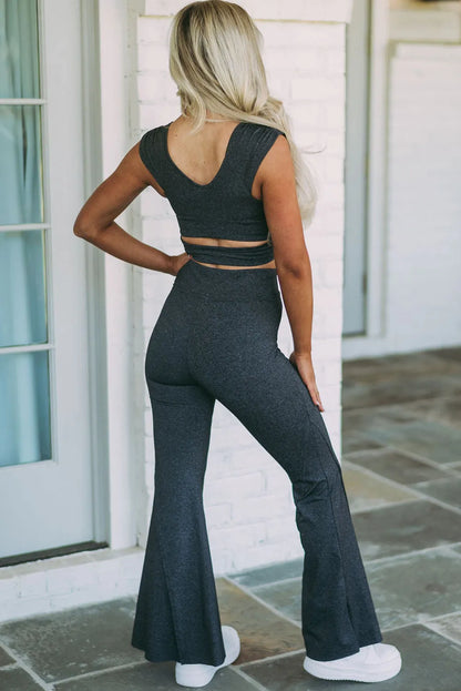 Carbon Grey Ruched Cropped Tank Split Flare Leg Pants Set - Chic Meadow Boutique 