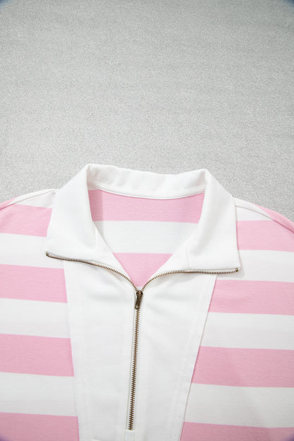 Pink Stripe Color Block Patchwork Zip Long Sleeve Top Elastic Waist Pants Set