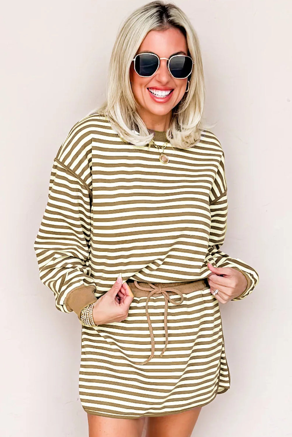 Brown Stripe Textured Drop Shoulder Pullover Top Drawstring Mini Skirt Two Piece Dress Set