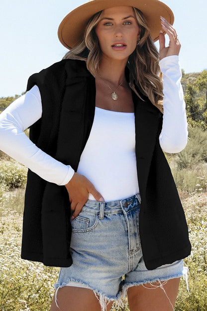 Black Sherpa Stand Collar Jacket Vest - Chic Meadow Boutique 