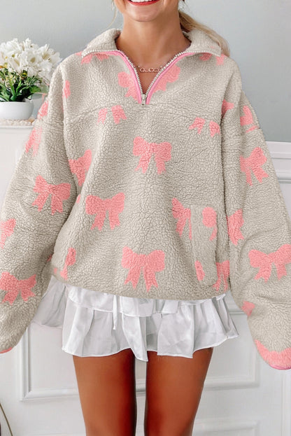 Gray Bow Sherpa Quarter Zip Drop Shoulder Baggy Sweatshirt