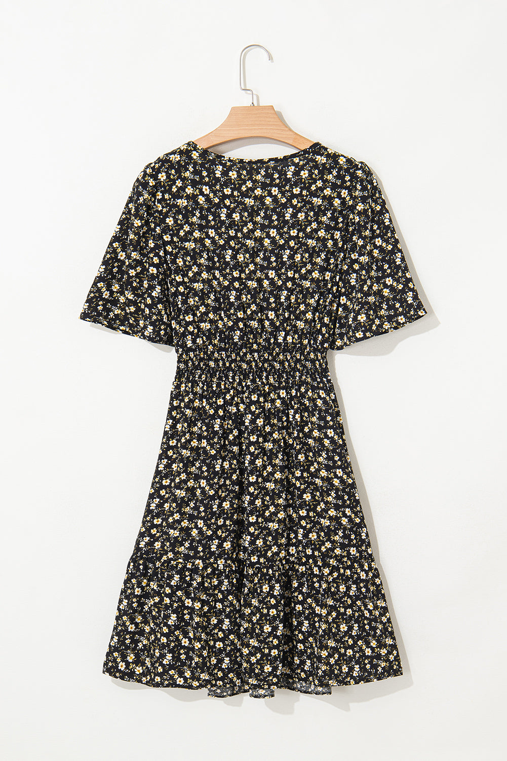 Black Floral Print Wrap V Neck Short Sleeve High Waistband Mini Dress