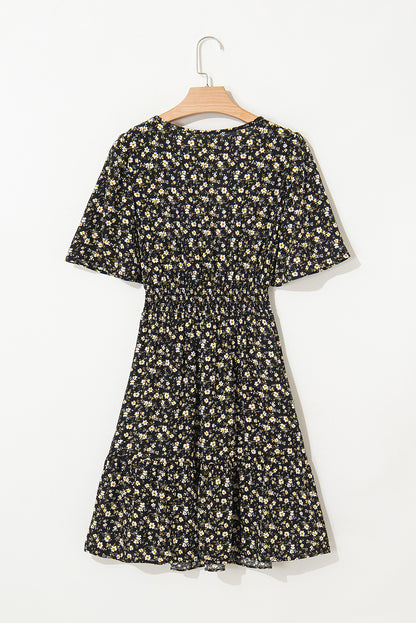 Black Floral Print Wrap V Neck Short Sleeve High Waistband Mini Dress