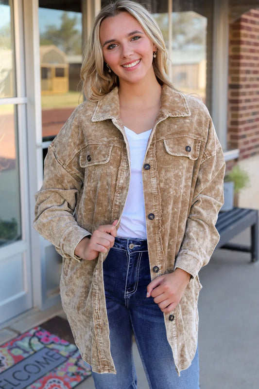 Khaki Vintage Distressed Mineral Wash Oversized Shacket - Chic Meadow Boutique 