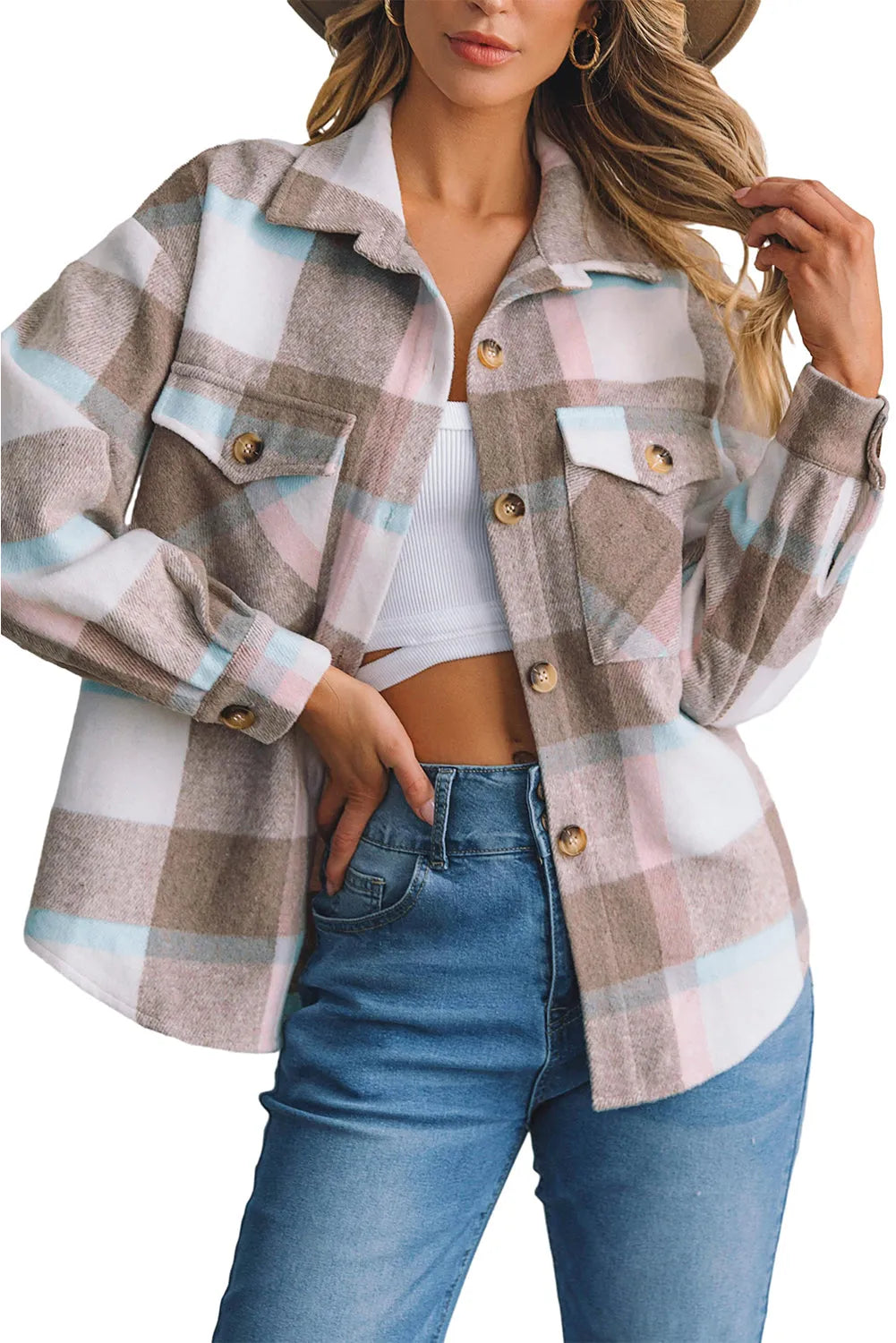 Pale Khaki Plaid Big Flap Pocket Amber Button Shacket - Chic Meadow Boutique 