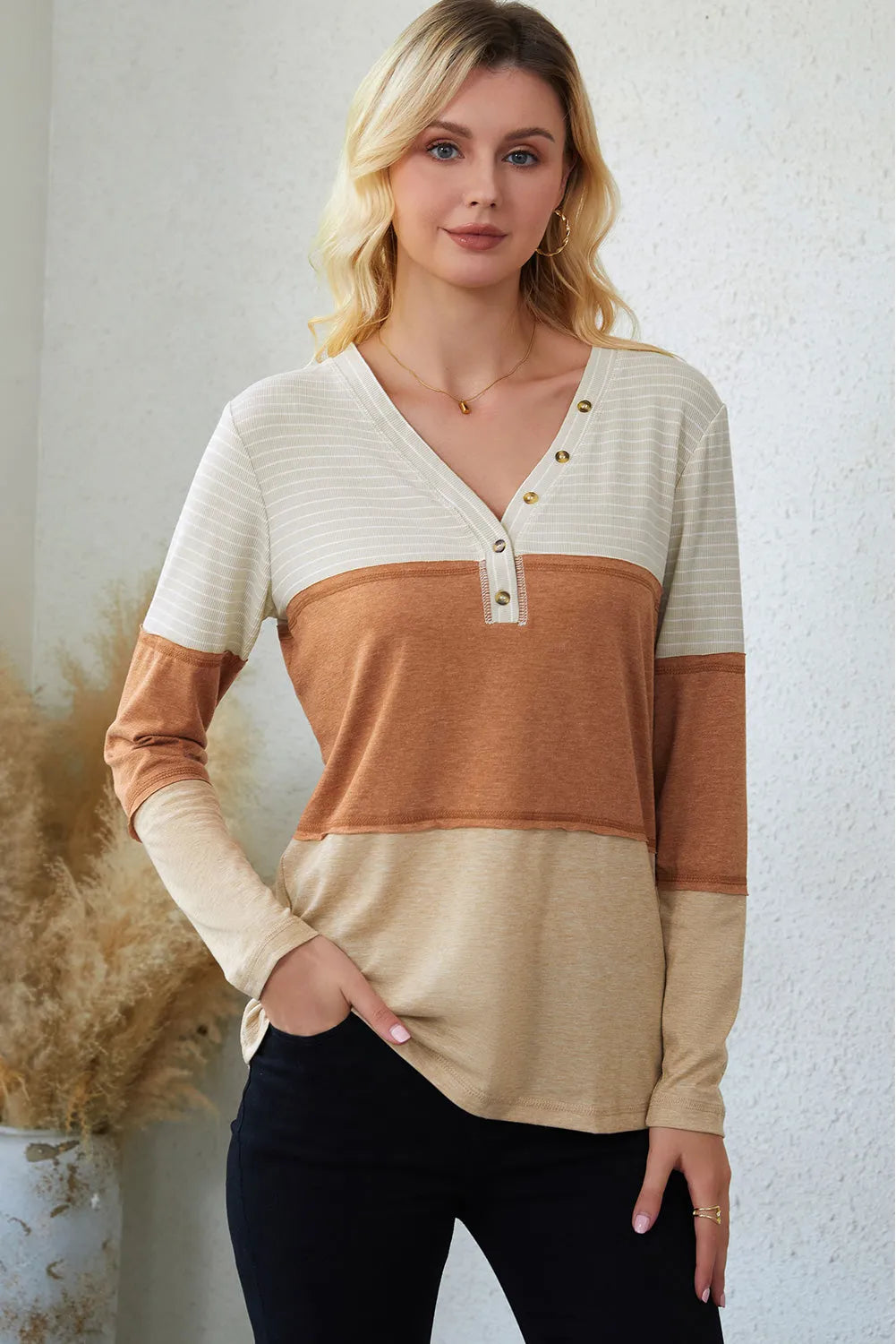 Tops/Long Sleeve Tops Orange Striped Color Block Henley Top