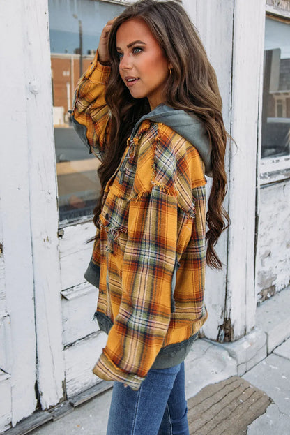 Orange Plaid Patch Hooded Frayed Snap Button Jacket - Chic Meadow Boutique 