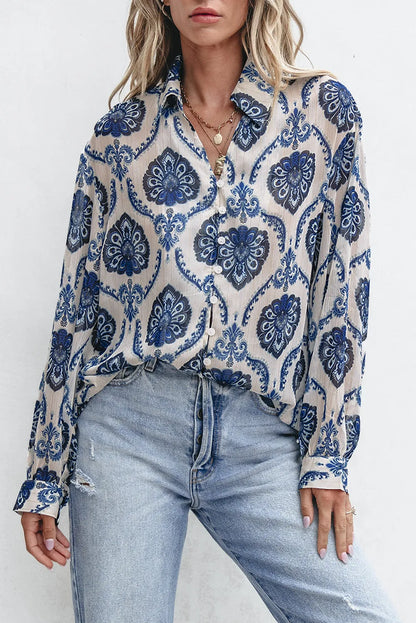 Blue Tribal Pattern Buttoned Front Loose Shirt - Chic Meadow Boutique 