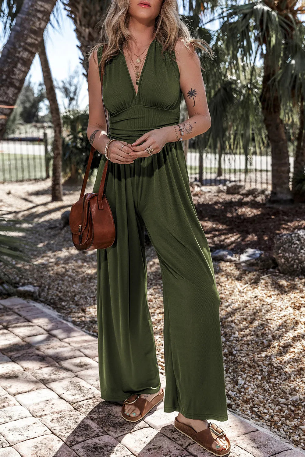 Moss Green Sleeveless V Neck Ruched Wide Leg Jumpsuit - Chic Meadow Boutique 