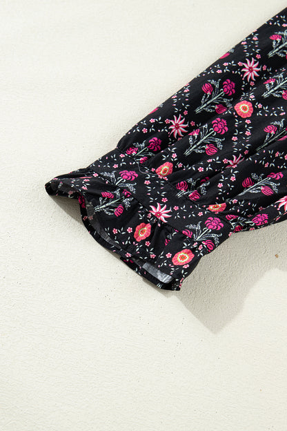 Black Contrast V Neckline Bracelet Sleeve Vintage Floral Blouse