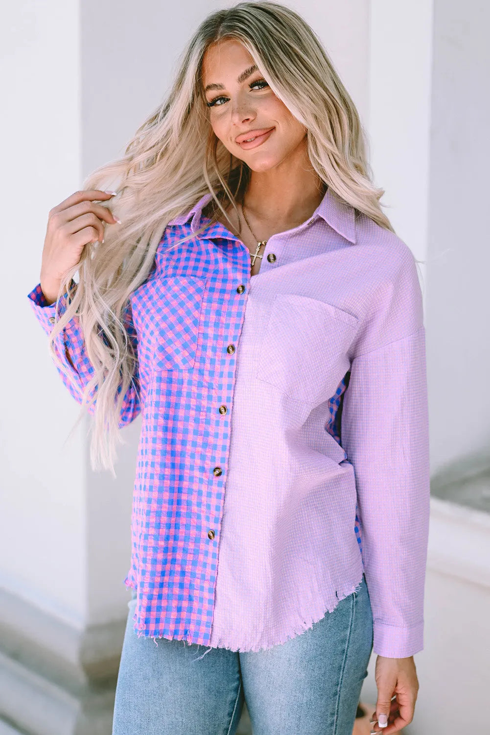 Purple Mixed Plaid Button Down Long Sleeve Chest Pocket Shirt - Chic Meadow Boutique 