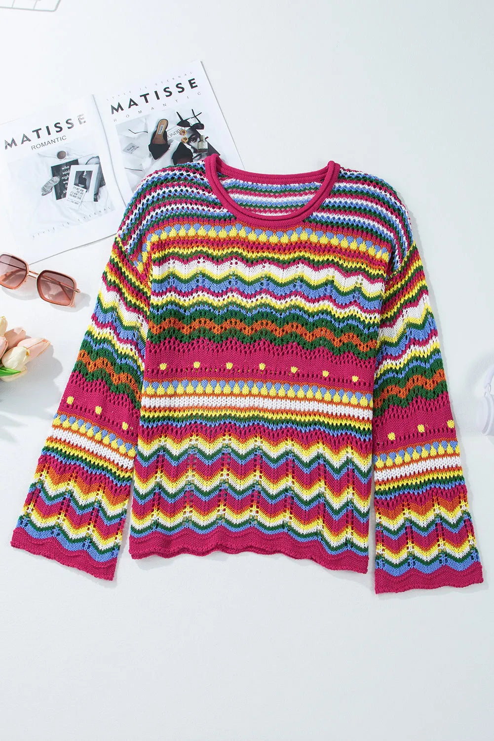 Rose Red Colorblock Striped Hollowed Knit Loose Sleeve Sweater - Chic Meadow Boutique 