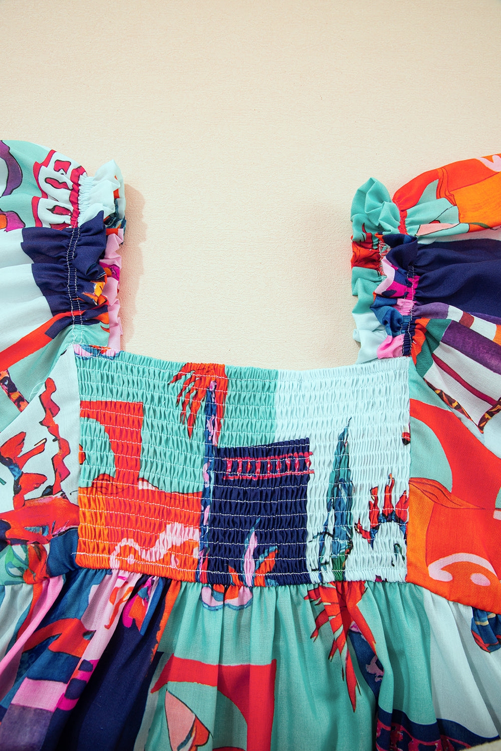 Sky Blue Tropical Printed Square Neck Flutter Sleeve Babydoll Blouse