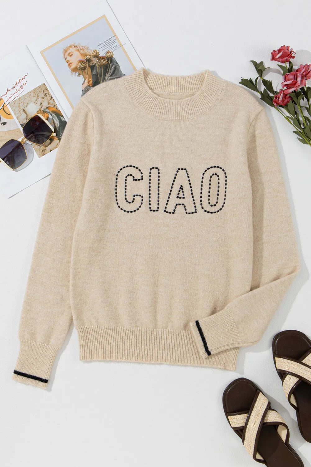 Oatmeal CIAO Letter Graphic Crew Neck Sweater - Chic Meadow Boutique 