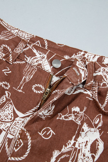 Brown Western Print Casual Shift Jeans