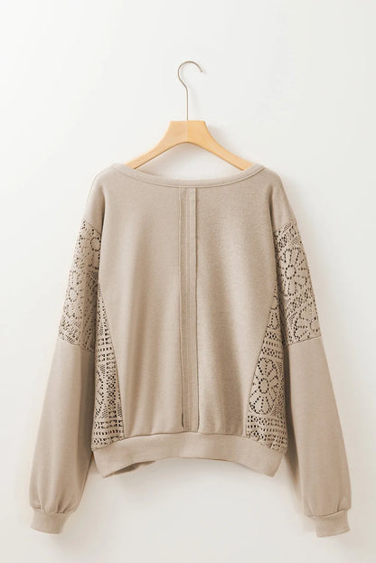 Parchment Knit Crochet Exposed Seam Ribbed Trim Sweatshirt - Chic Meadow Boutique 